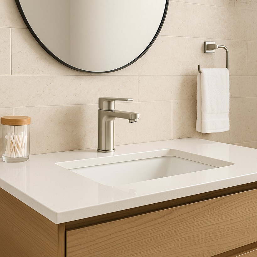 Commercial restroom with coordinated single handle lavatory faucets on a solid surface countertop